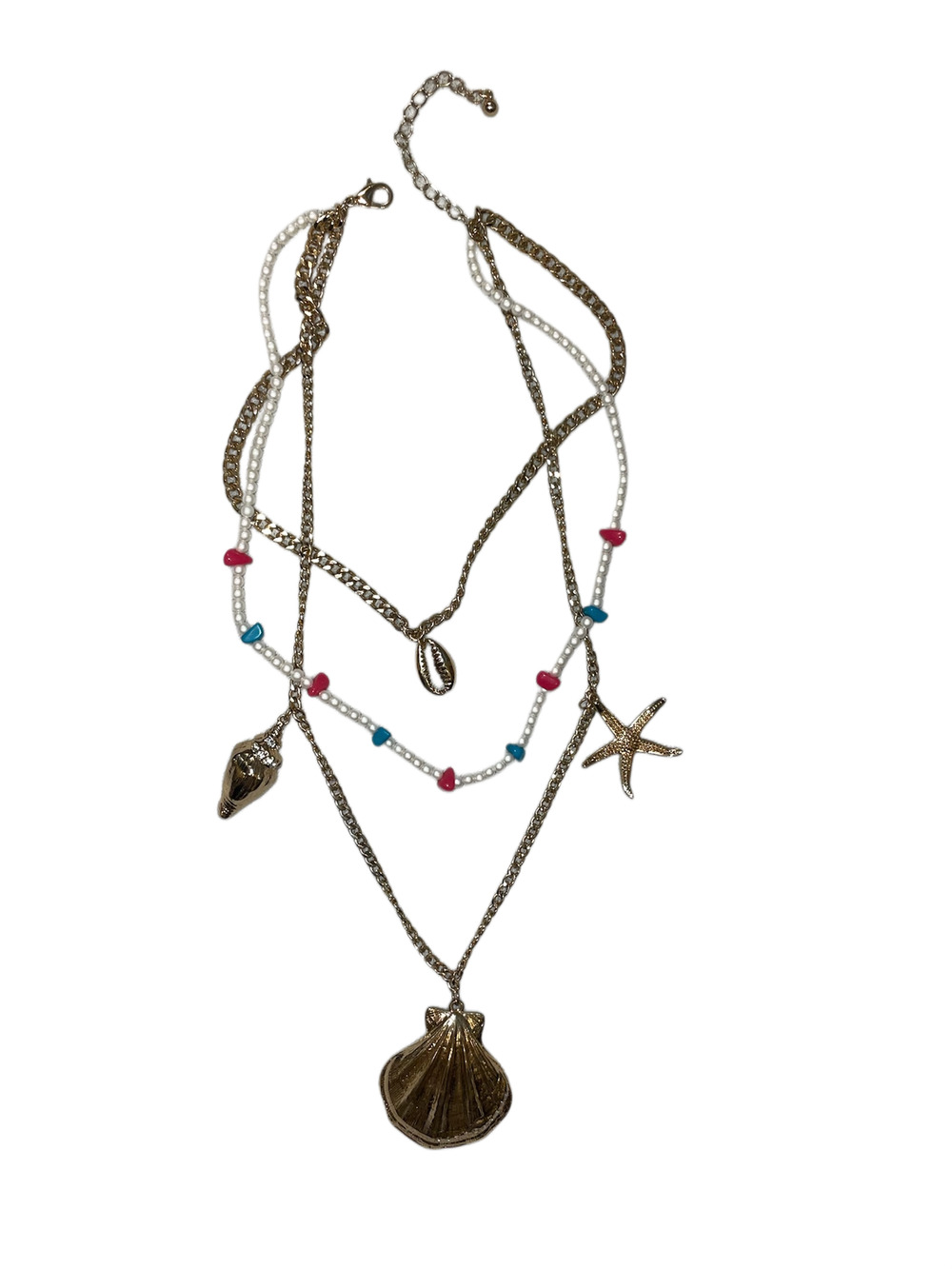 Layered Beach Charm Necklace Gold-Tone Shell Starfish Conch Bead Approx. 18" EUC